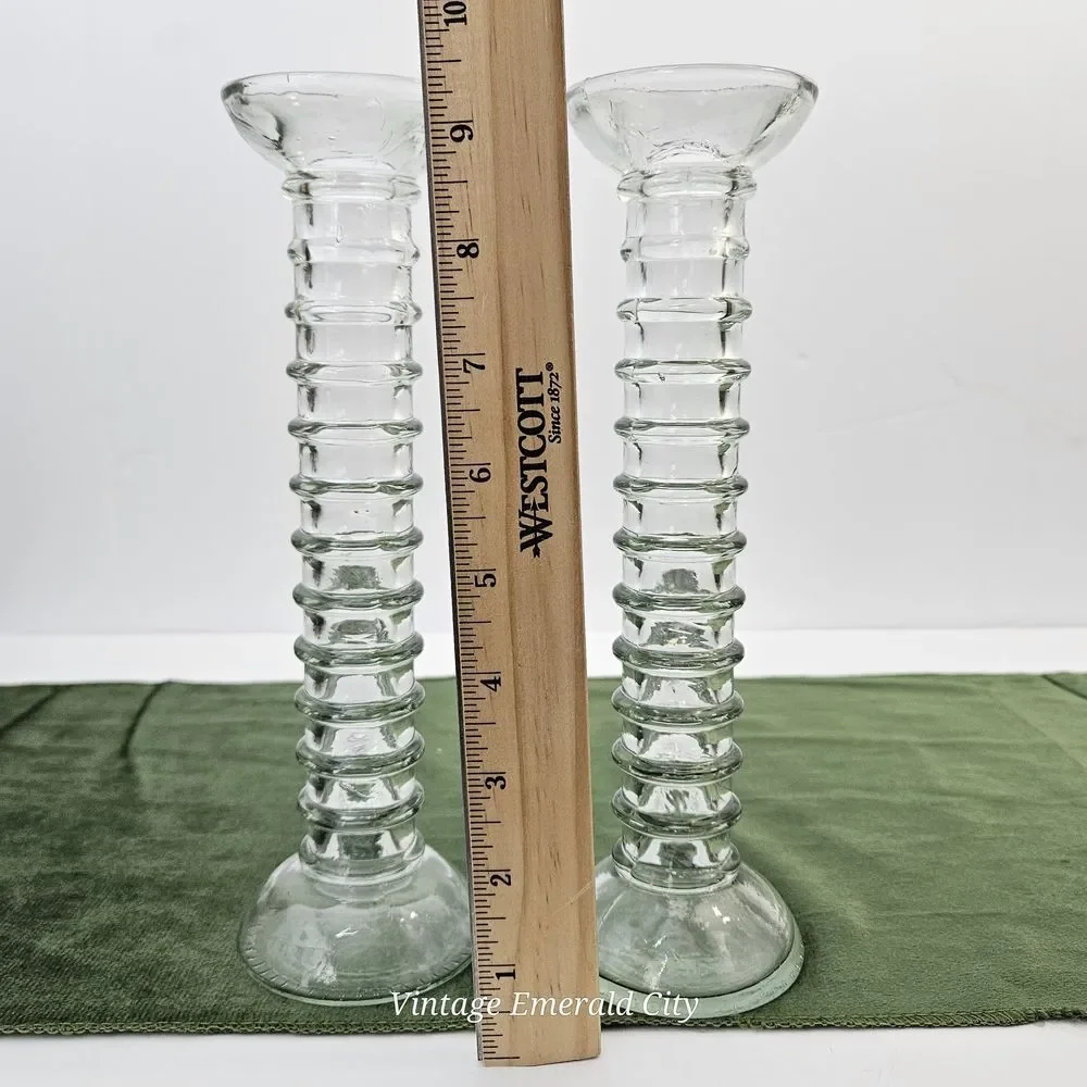Vtg Stacked Bubble Glass 20th Century Ribbed Pale Green Candle Holders Spain Set